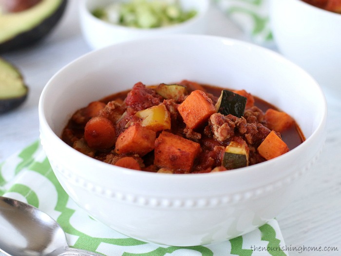 This hearty crockpot sweet potato chili combines a spicy, meaty sauce with the subtle sweetness of creamy sweet potatoes and an assortment of veggies.